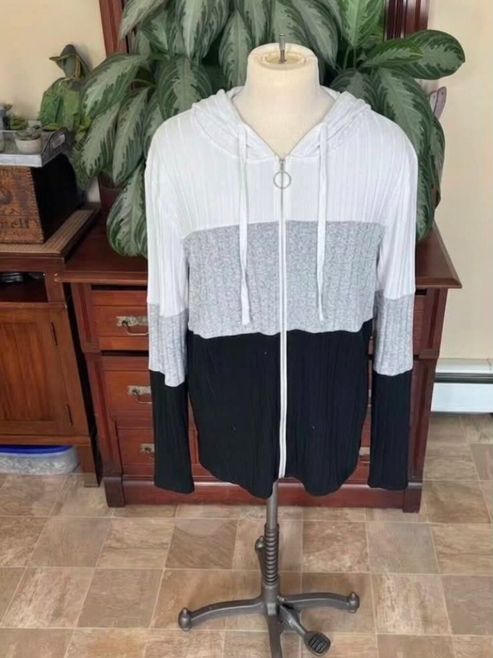 Women's Color Block Lightweight Hooded Zip Up Jacket White Gray Black 4X #005 - Picture 1 of 1